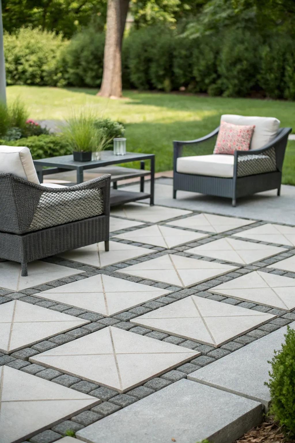 Geometric concrete slabs create a modern and stylish patio atmosphere.