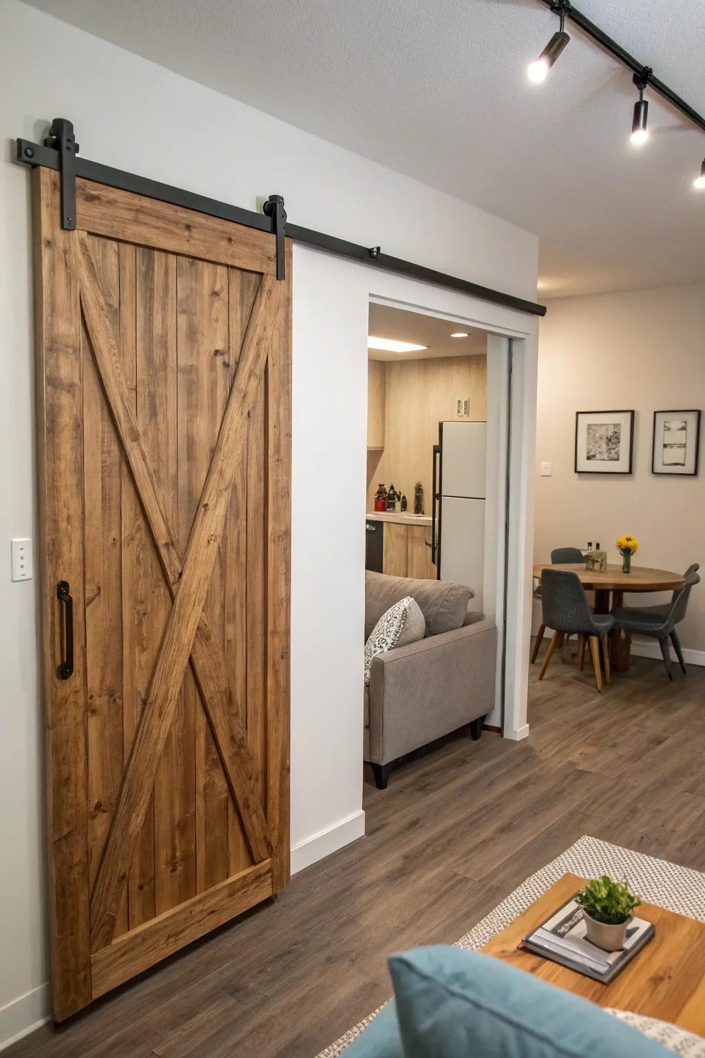 Sliding barn door in a small apartment saves space and adds charm.