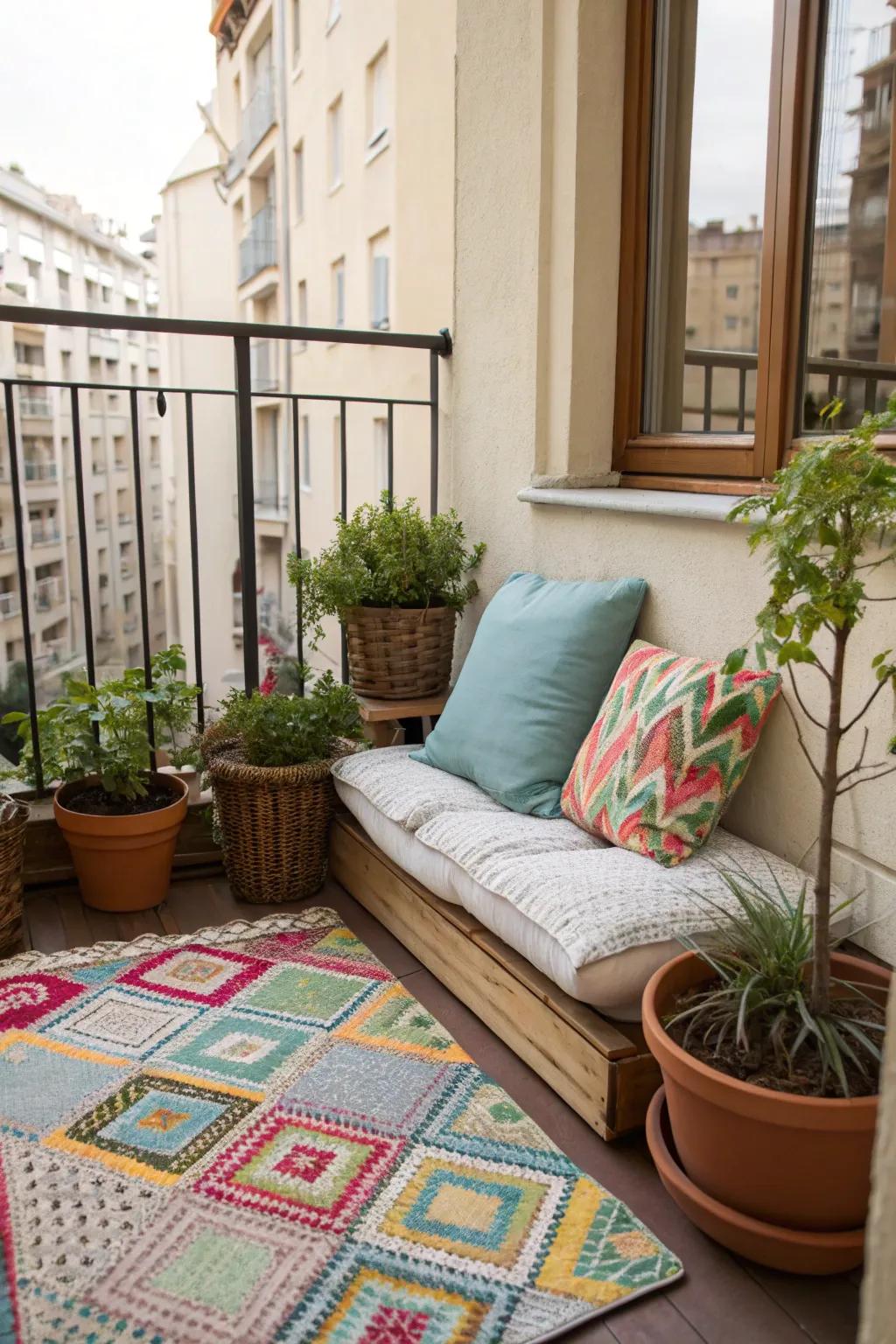 A vibrant rug can transform your balcony into a cozy retreat.