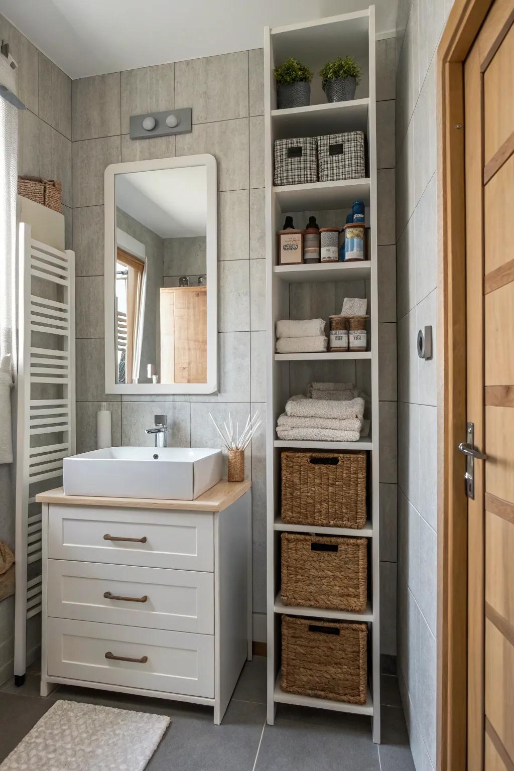 Vertical storage maximizes functionality in small bathrooms.