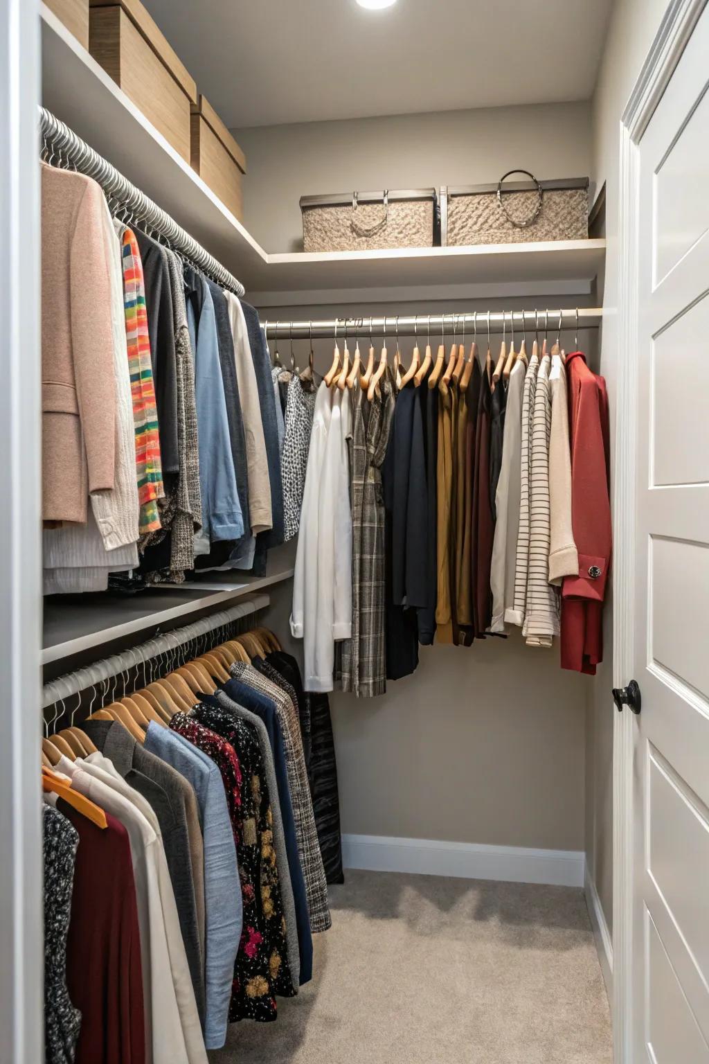 Double hanging rods maximize hanging space in compact closets.