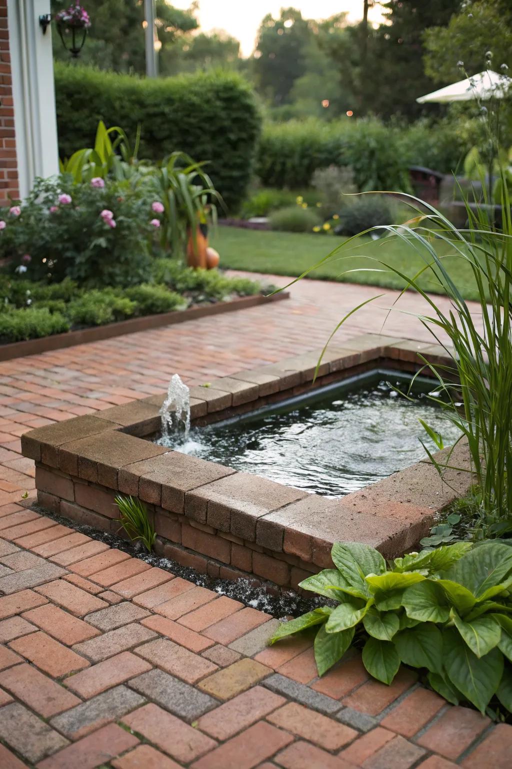 A brick patio with a small water feature surrounded by plants.