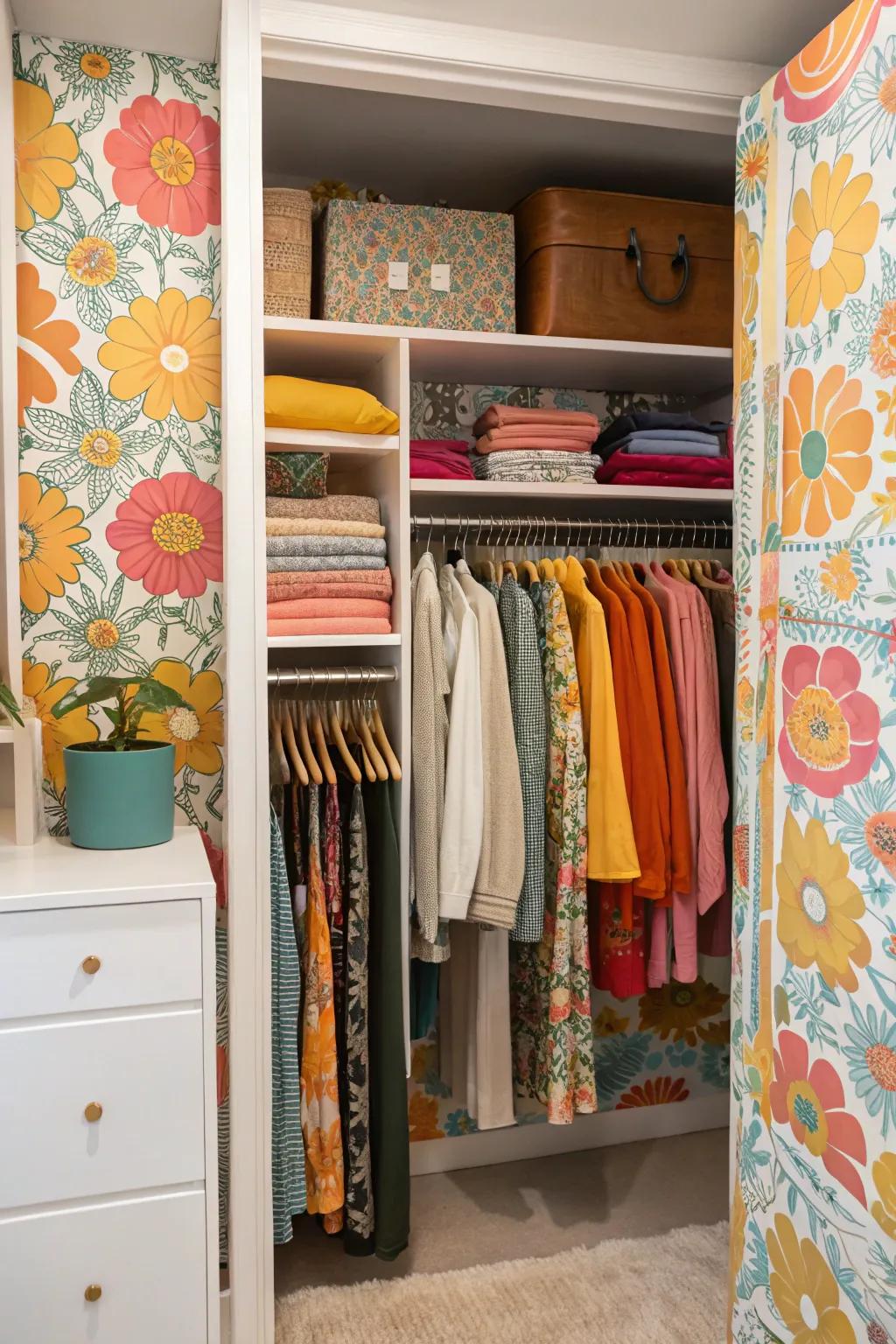 Decorative wallpaper adds a personal touch to your closet.