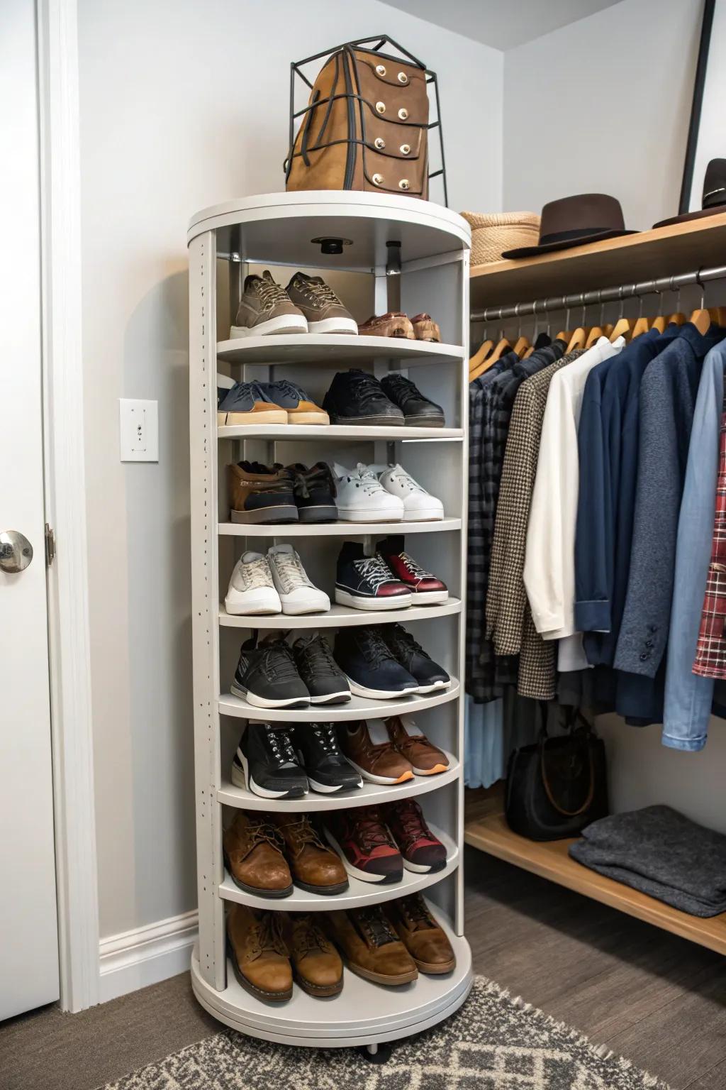 Rotating shoe racks keep shoes organized and accessible.