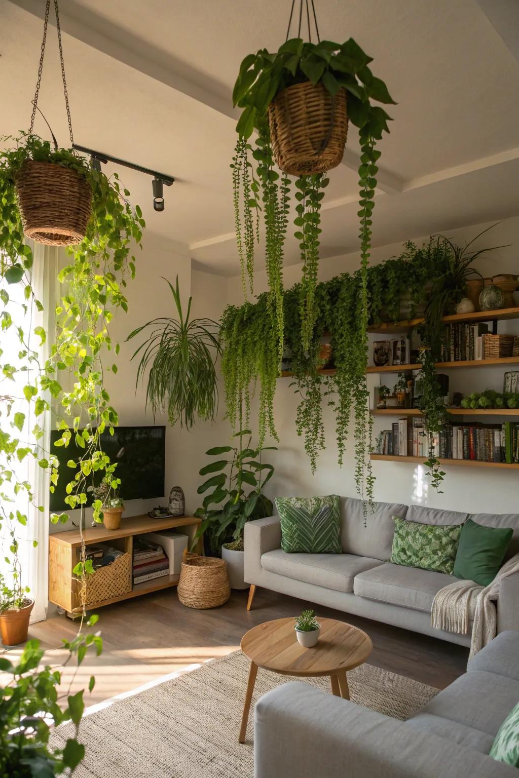 Hanging plants bring a dynamic element to indoor spaces.