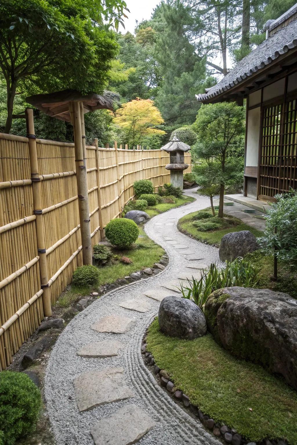 Bamboo fencing adds privacy and a natural element to the garden.