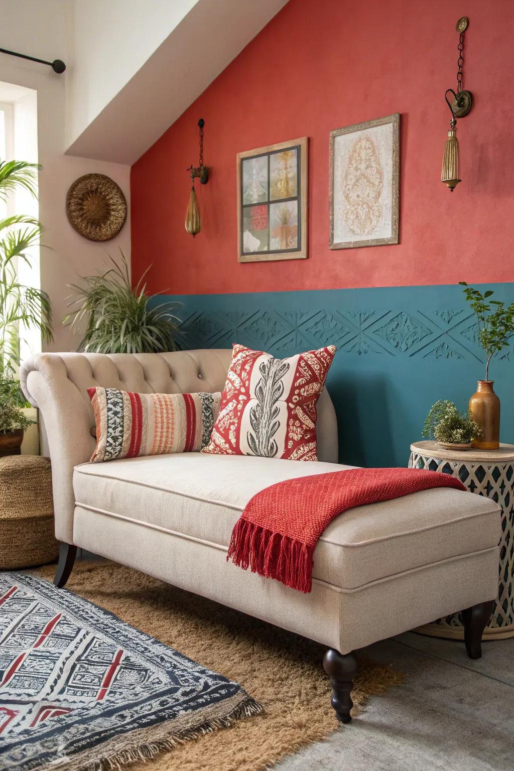 A striking small living room with a chaise lounge against a colorful feature wall.