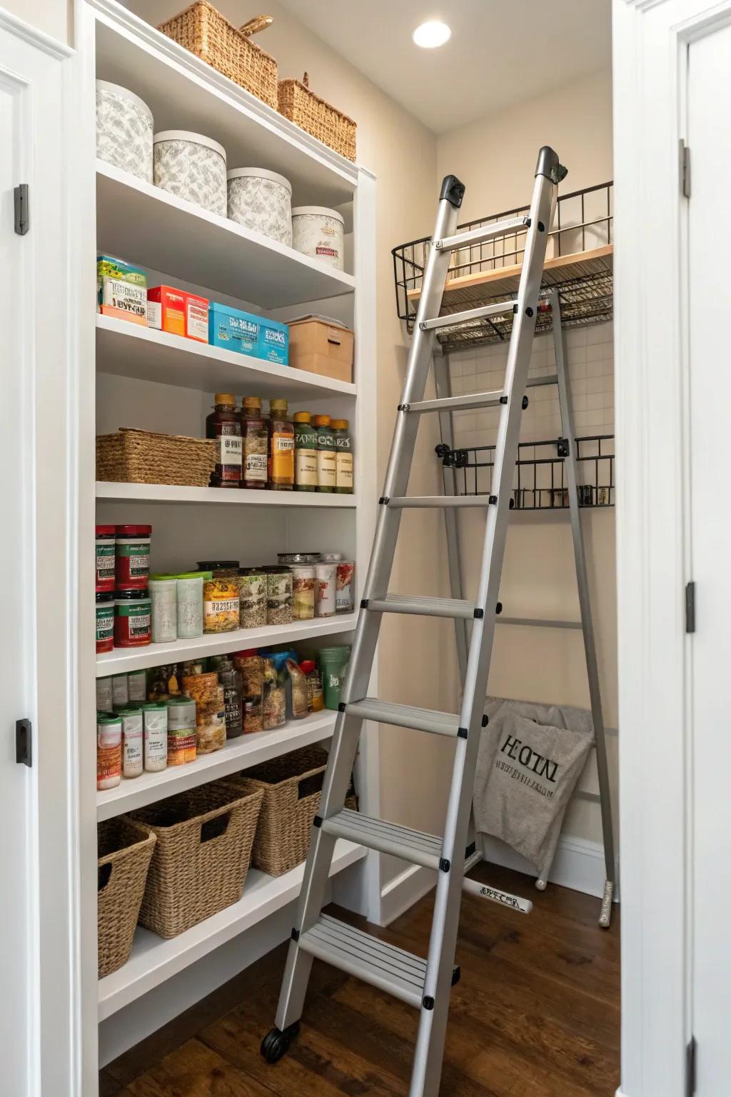 A rolling ladder adds charm and accessibility to high shelves.