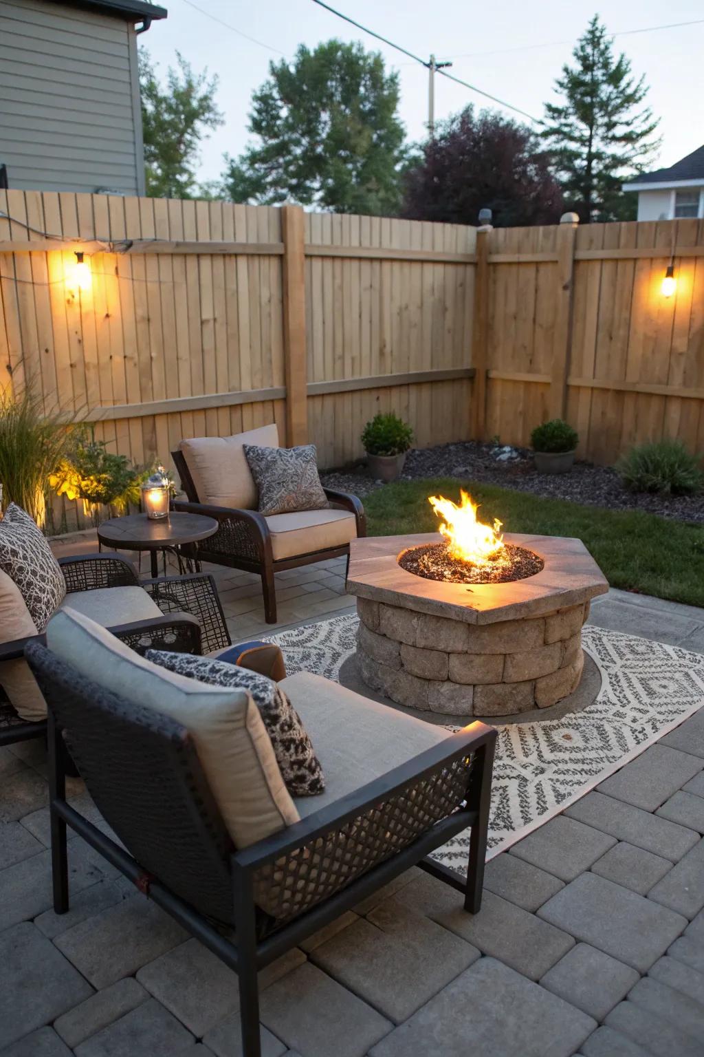 A fire pit adds warmth and charm to a small patio.