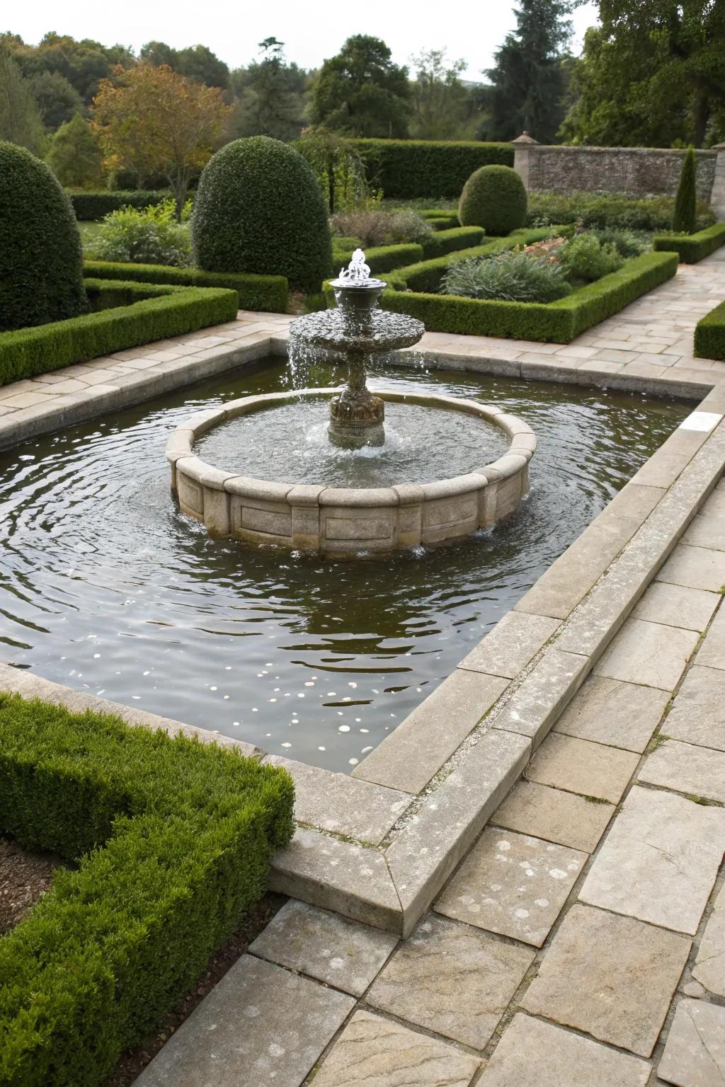 A formal stone block pond offers a structured elegance.