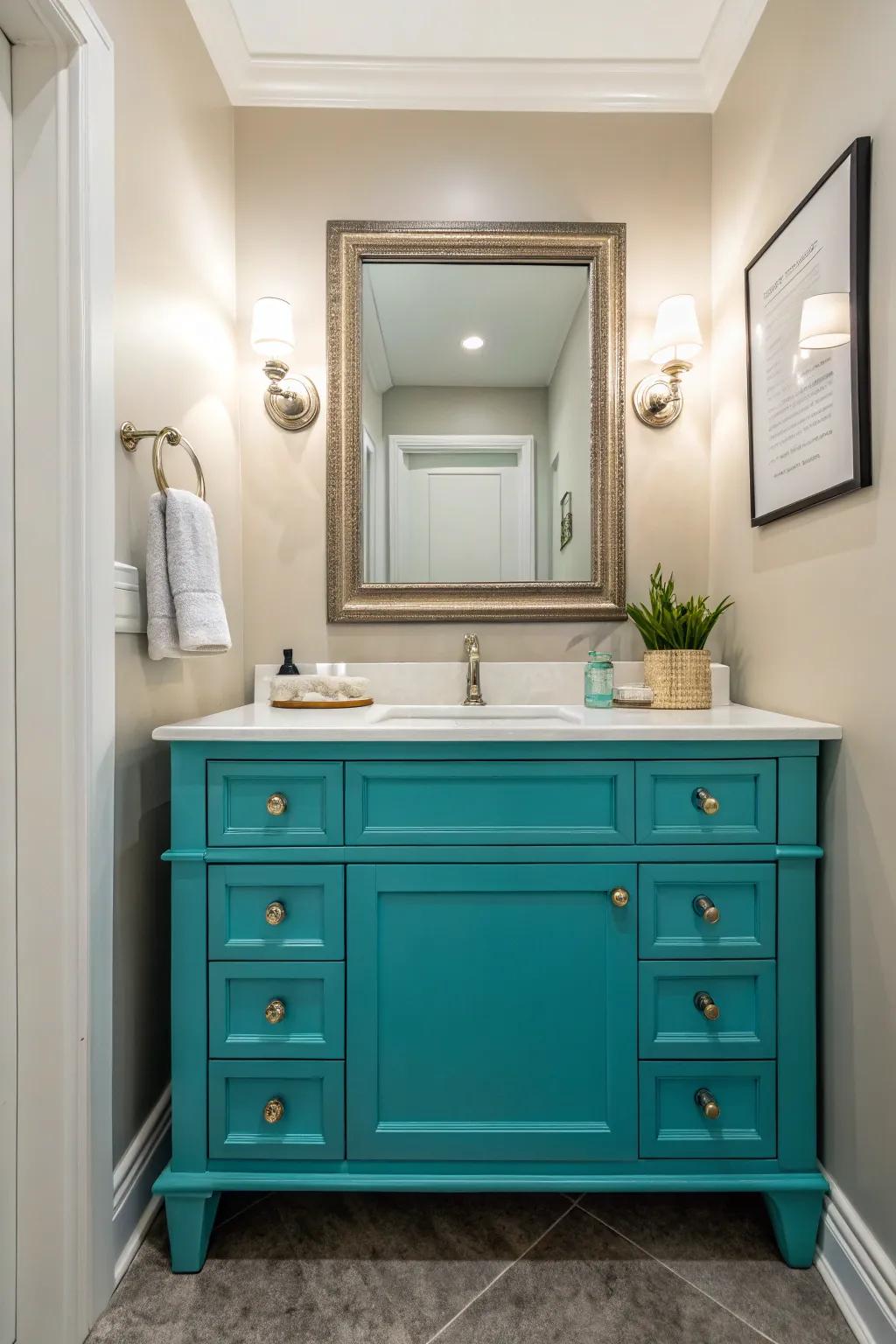 A pop of color adds vibrancy and focus to compact powder rooms.