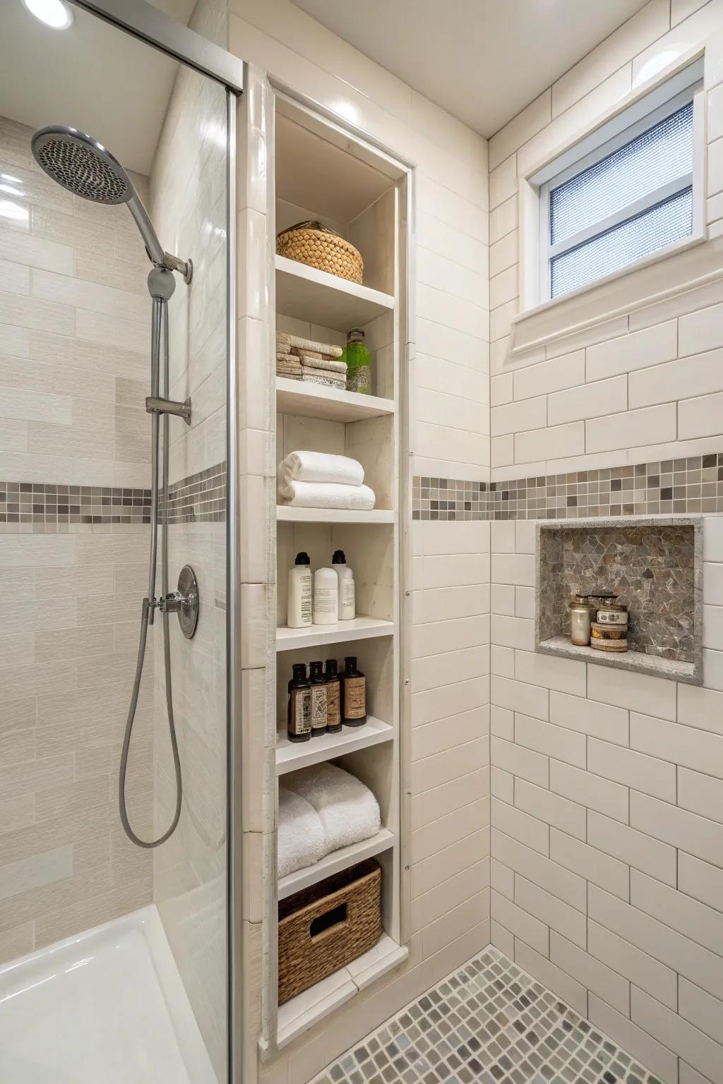 A small shower with a built-in niche for organized storage.