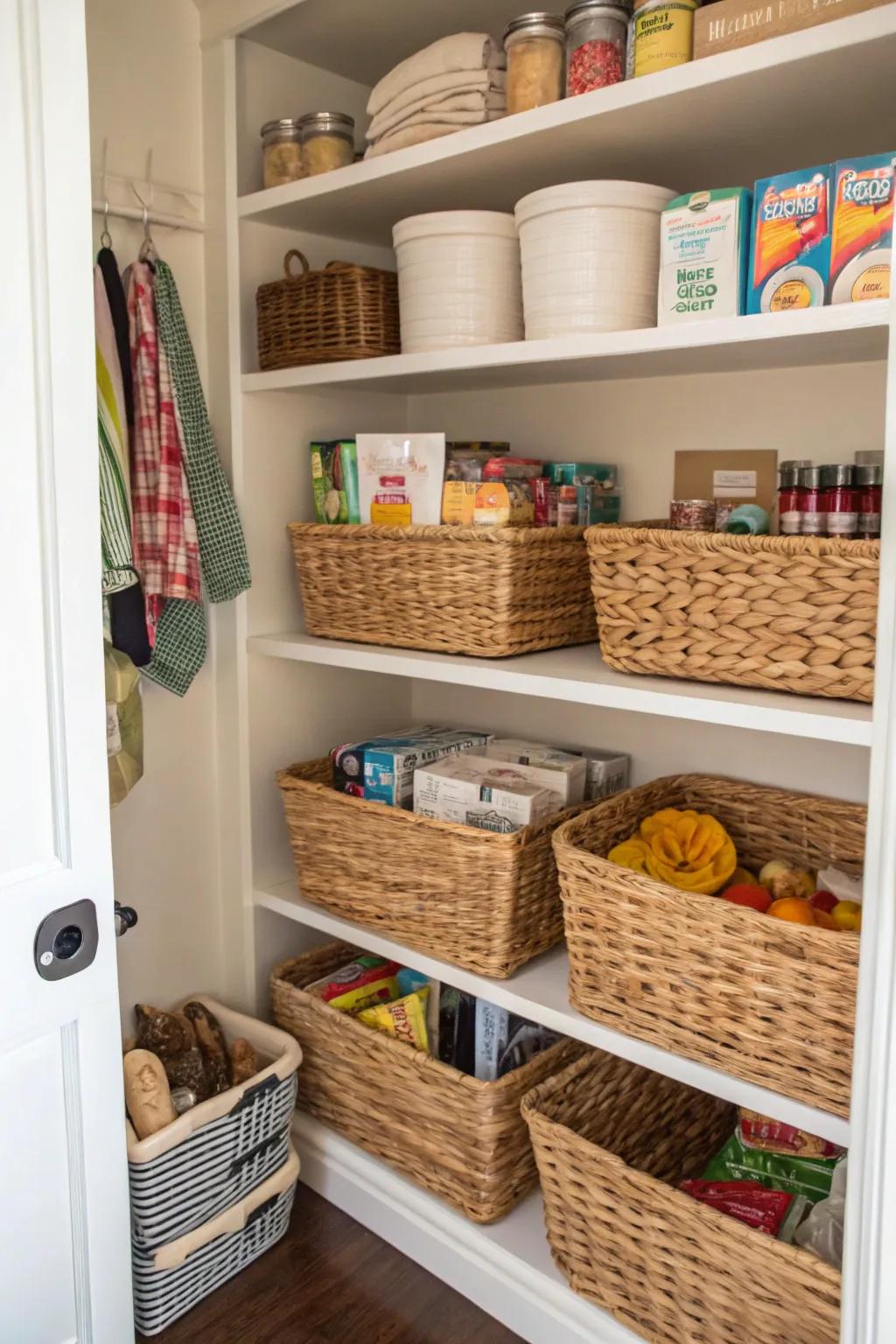 Woven baskets organize and add texture to the pantry.