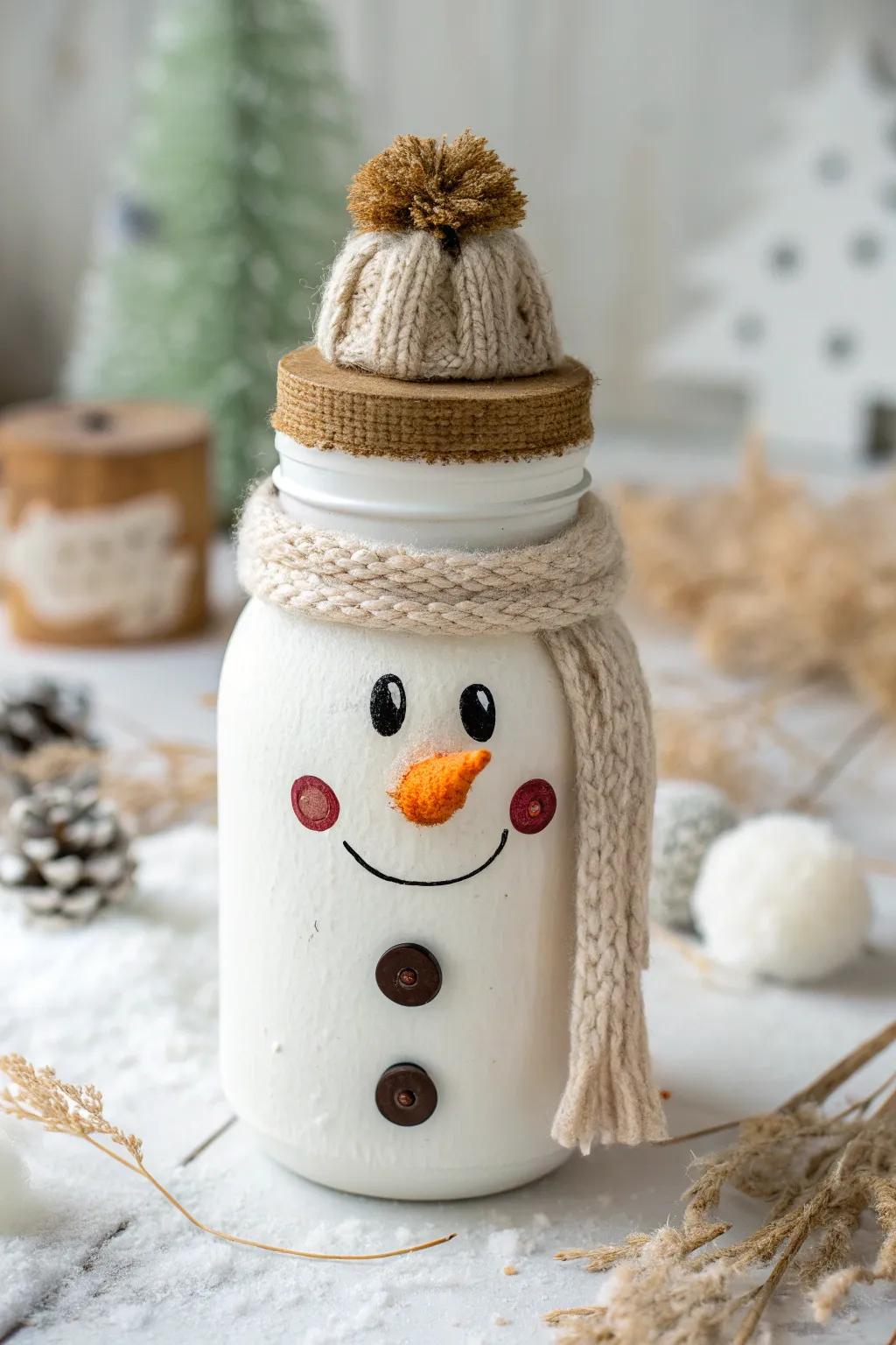 Craft your own cozy snowman from a mason jar – the perfect blend of minimalism and boho charm for the holiday season!