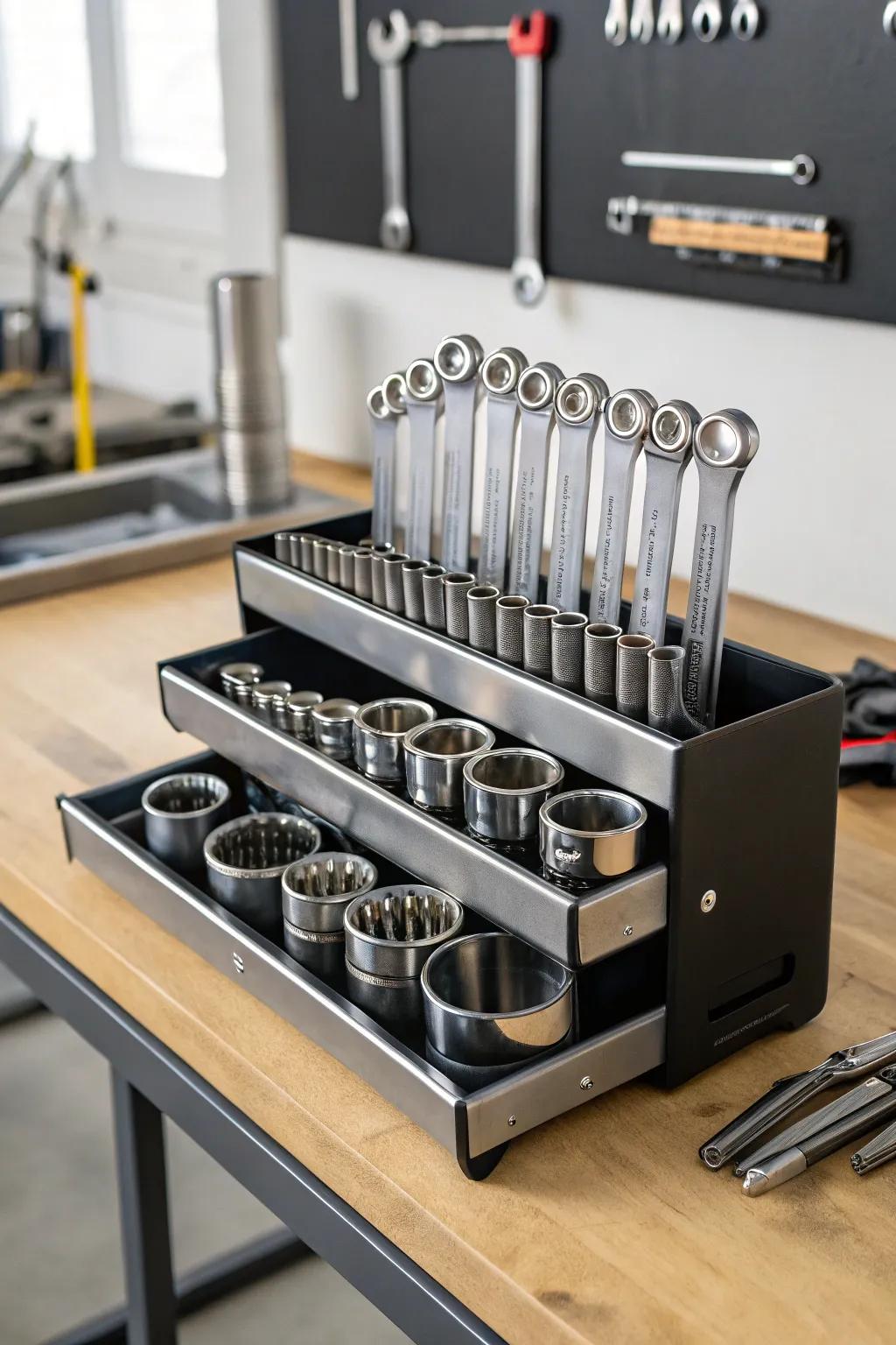 Elevate your workshop organization with a stylish tiered tray for your socket wrenches.