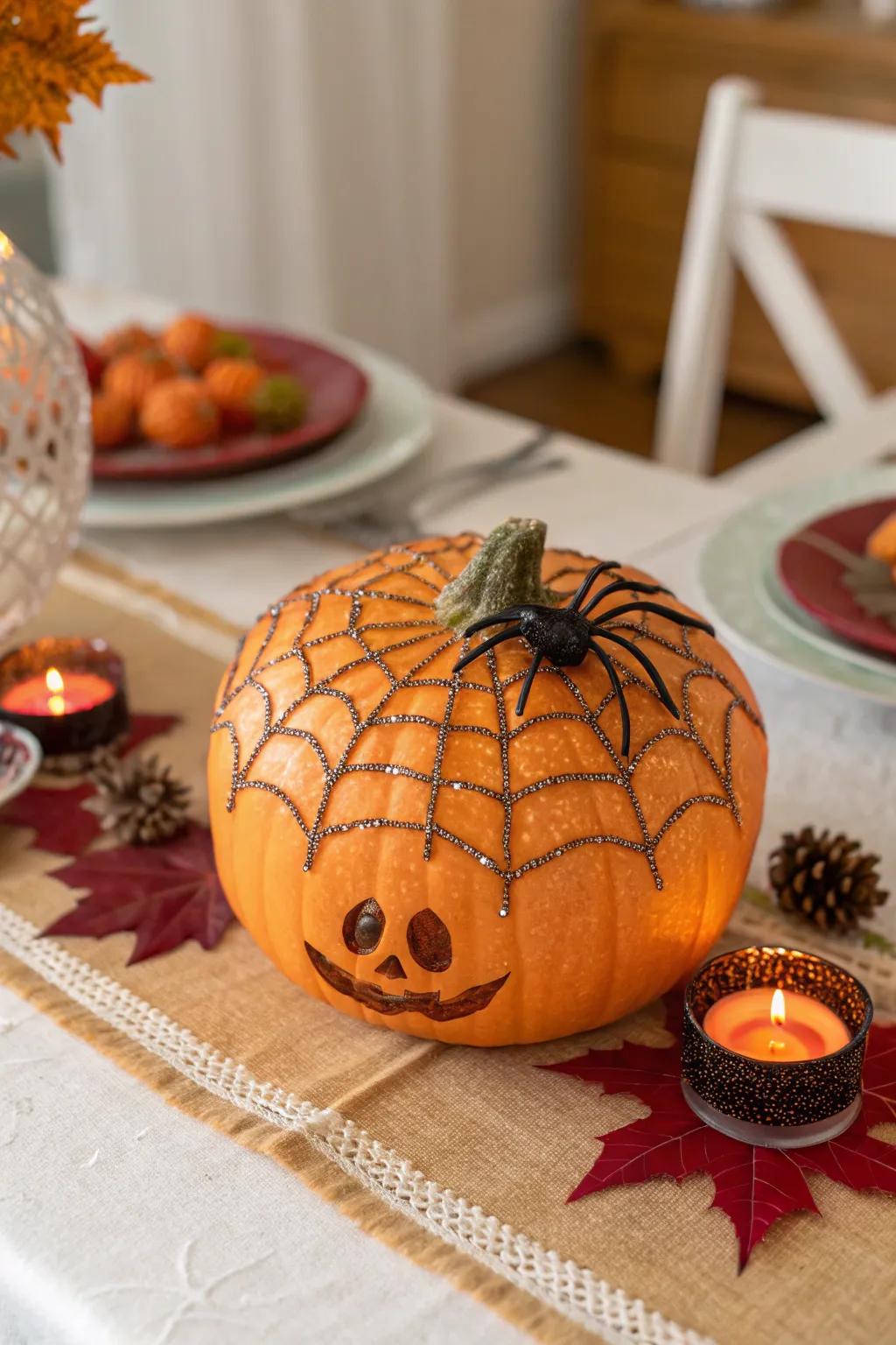 A pumpkin with a web and glittery spider rings.