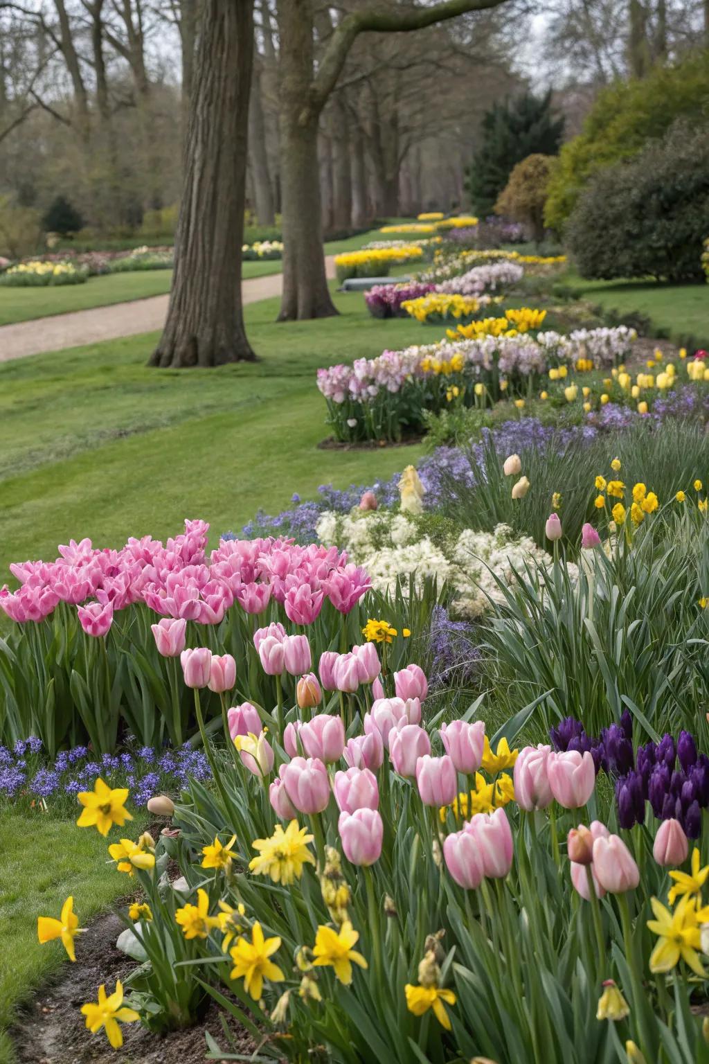 A stunning spring bulb extravaganza with tulips, daffodils, and crocuses.