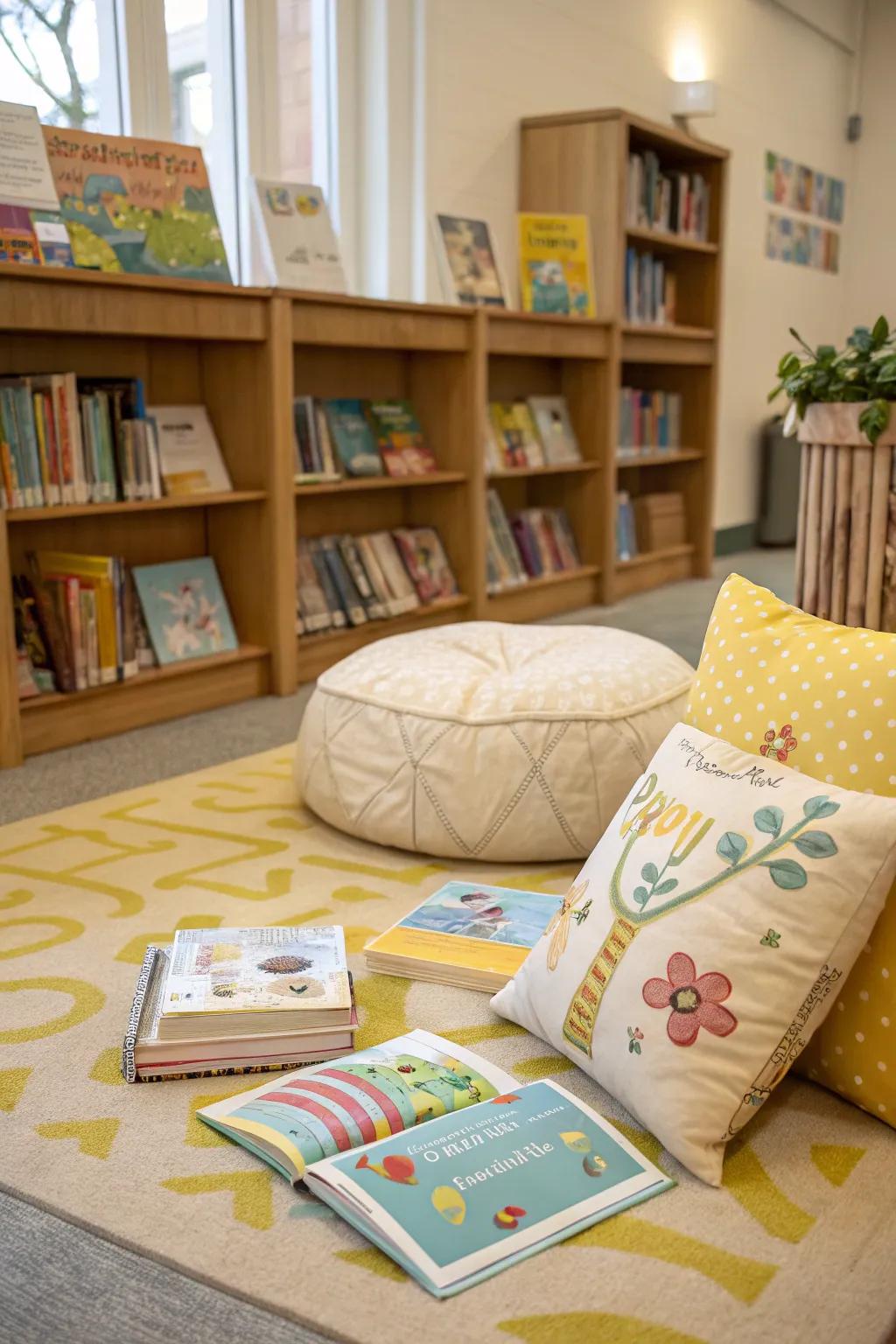 A cozy storytime corner with spring-themed books for children.