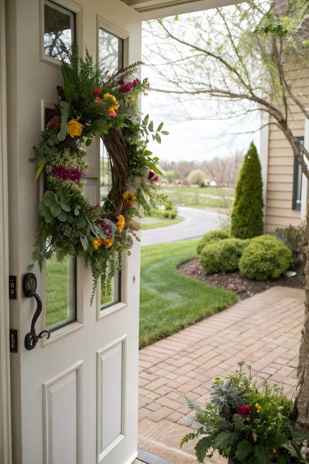 A vibrant spring wreath adorning the front door.