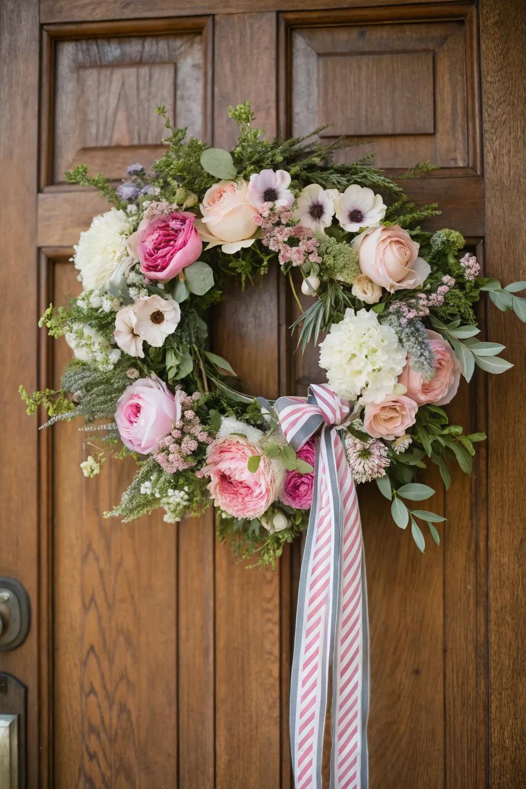 A romantic wreath featuring spring blooms adds elegance to your entryway.