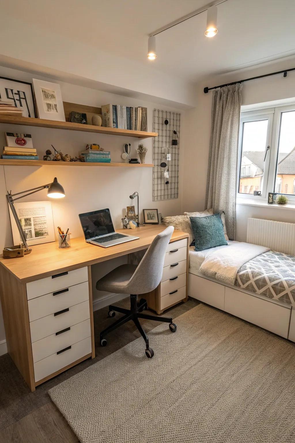 A desk opposite the bed balances function and style.