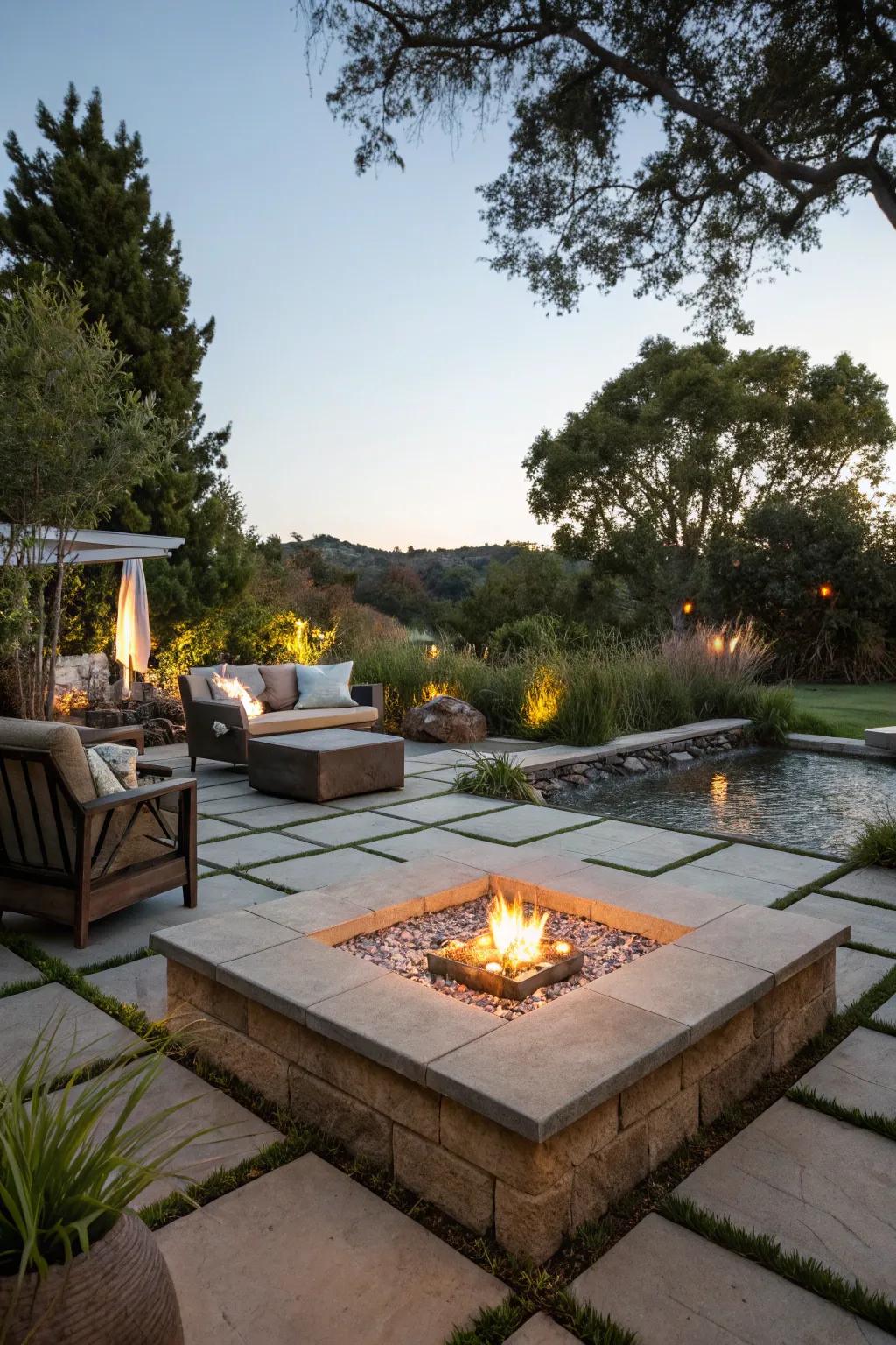 The harmony of fire and water creates a magical patio experience.