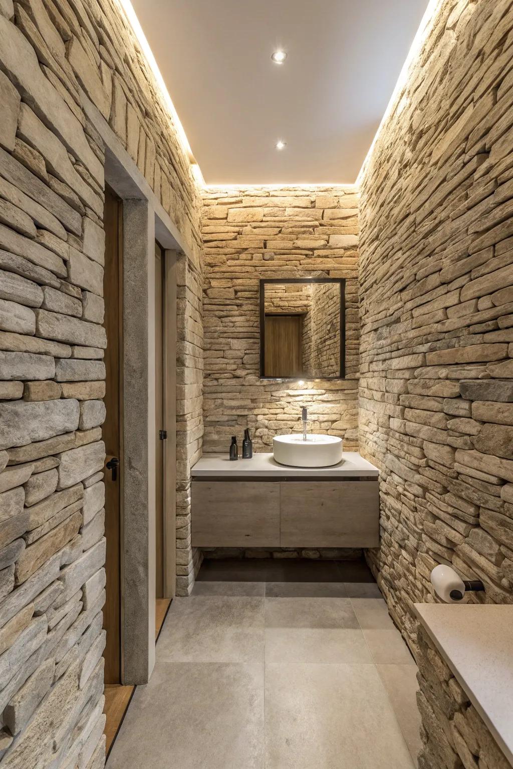 Modern minimalism with monochromatic stacked stone.