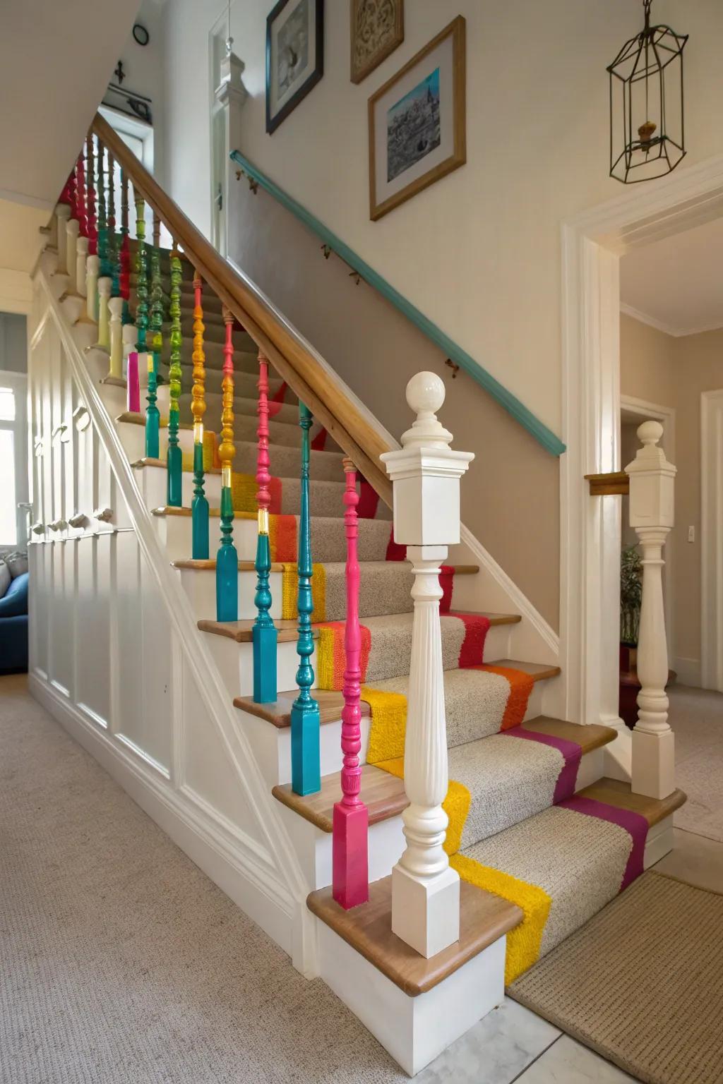 Painted spindles add a playful pop of color to your staircase.