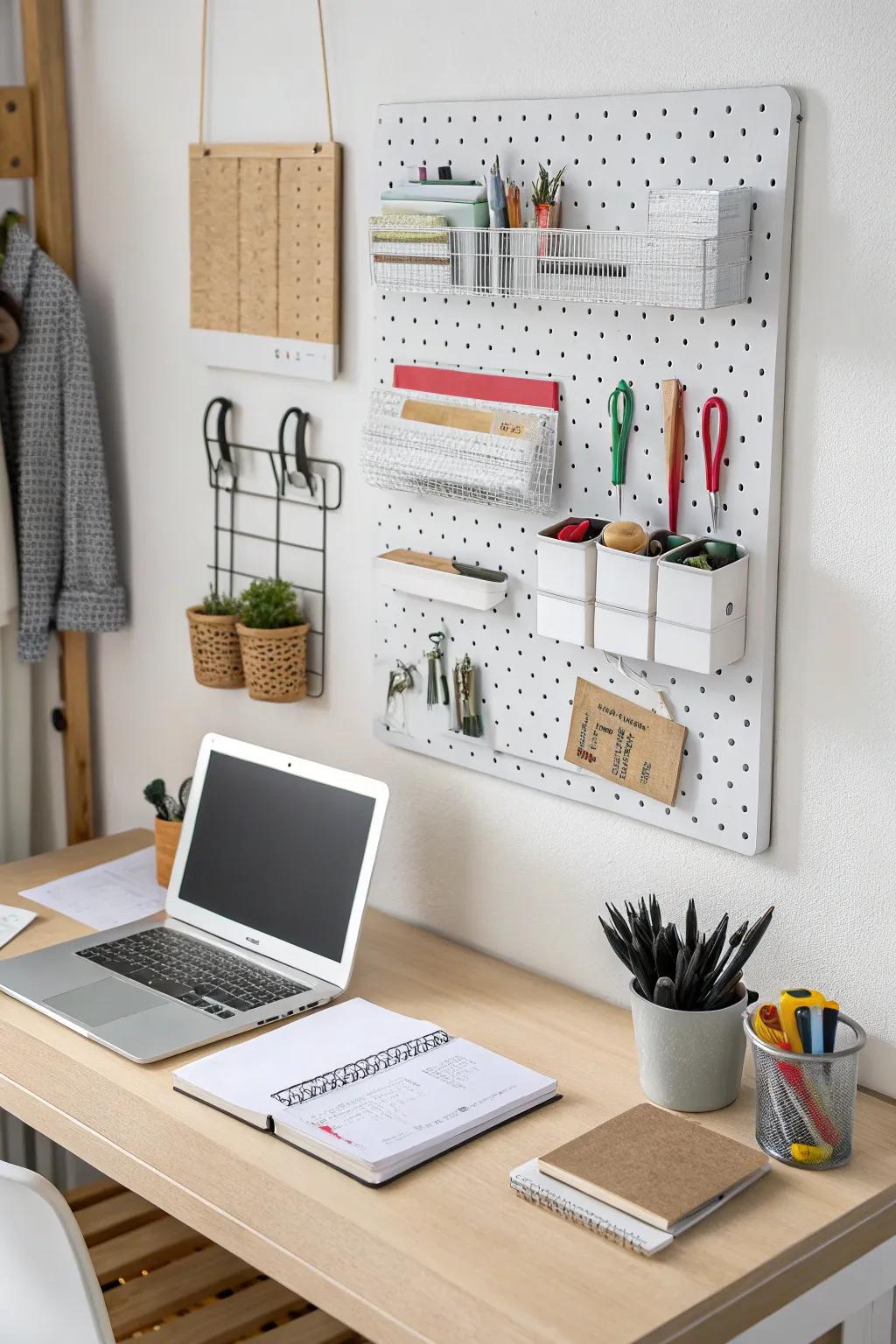 A pegboard organizer keeps your desk surface clear and tidy.