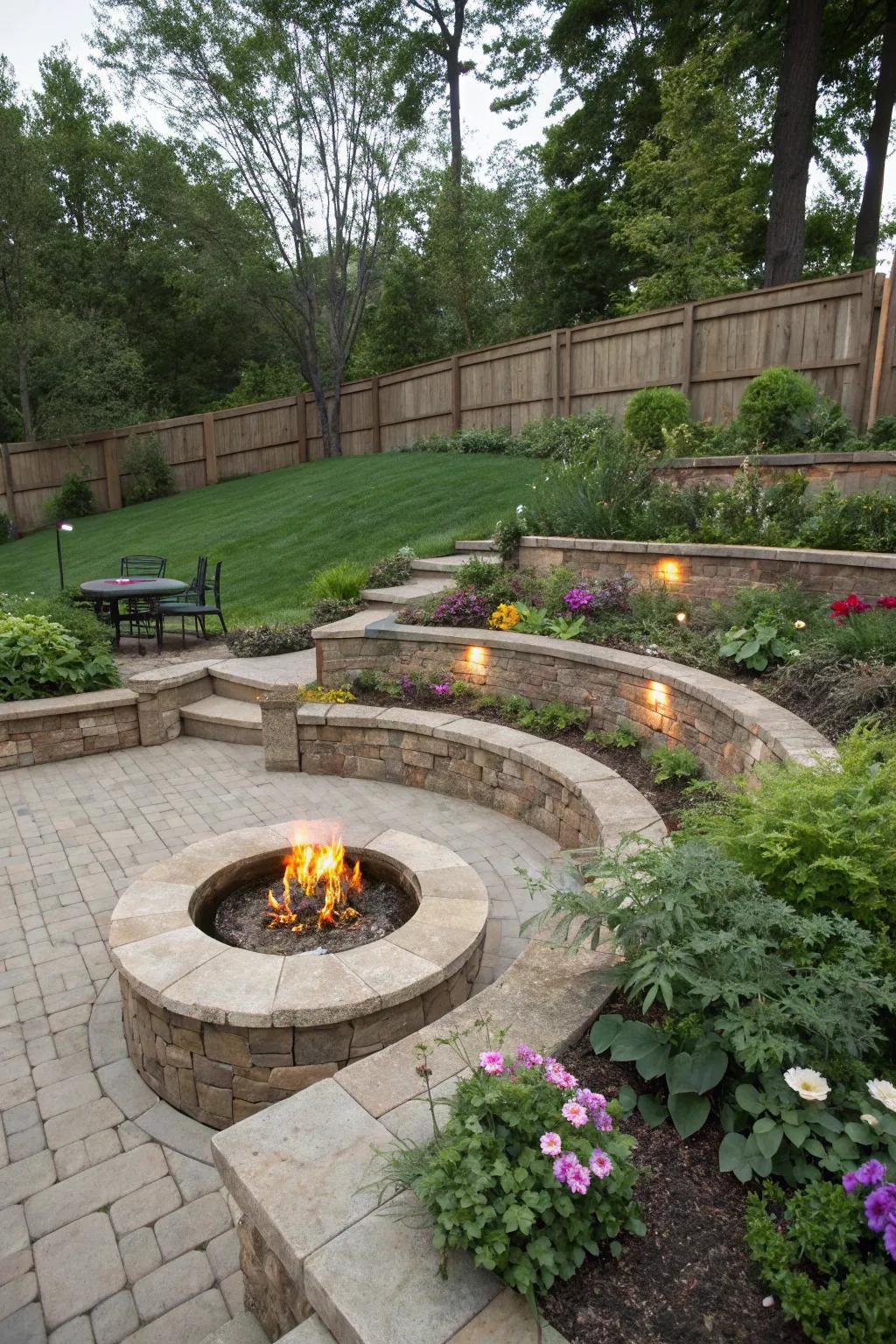 Elevated stone fire pit adding dimension and interest to the landscape.