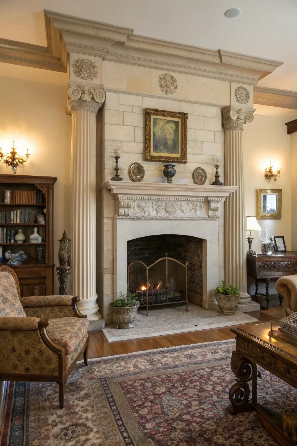 Columnar framing around a stone fireplace adds a touch of antique charm.