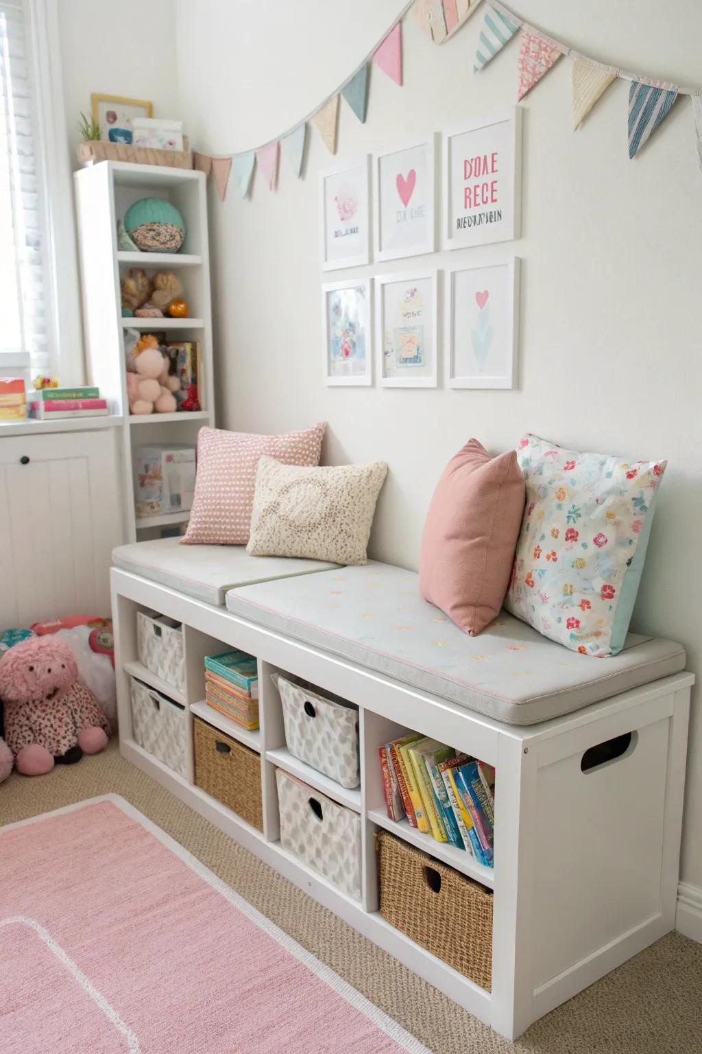 A storage bench offers seating and hides clutter.