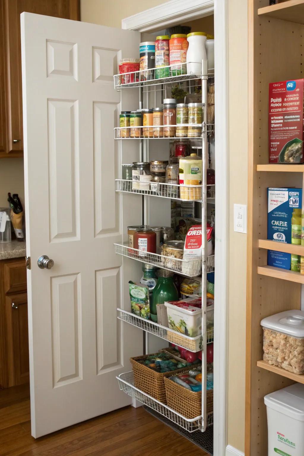 Adjustable wire rack enhances pantry organization.