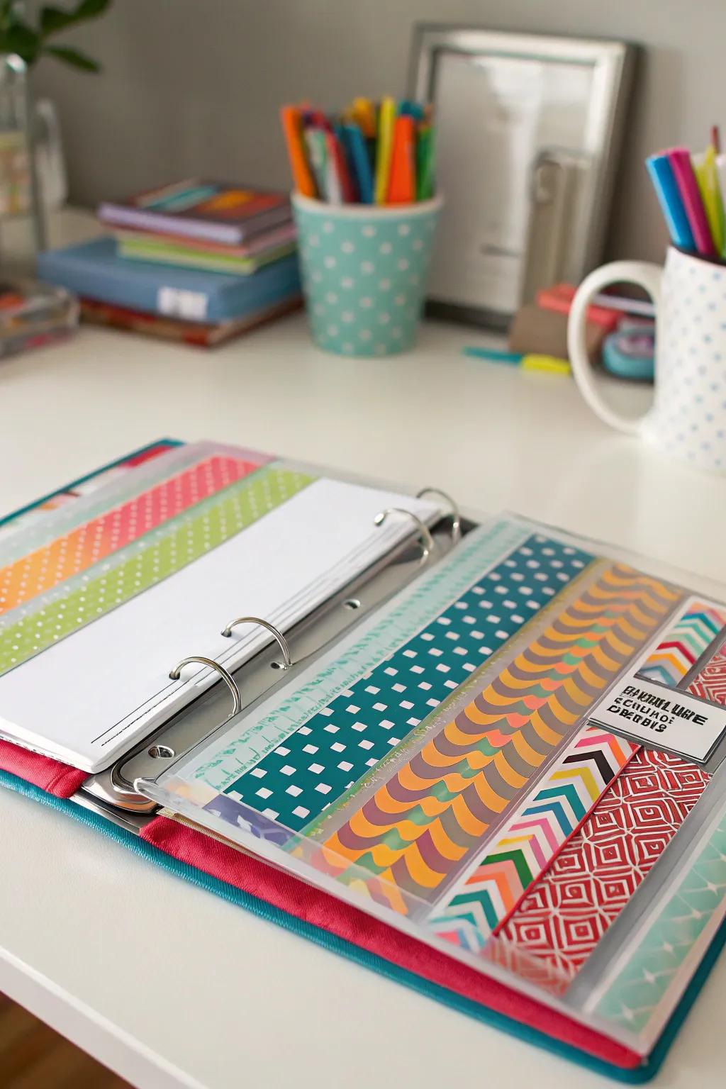 Binder storage for easy access to bulletin board borders.