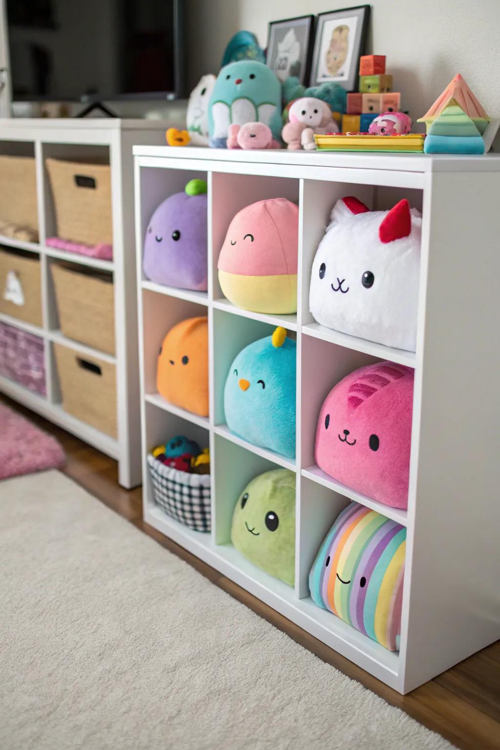 Cube storage units provide a structured way to display Squishmallows.