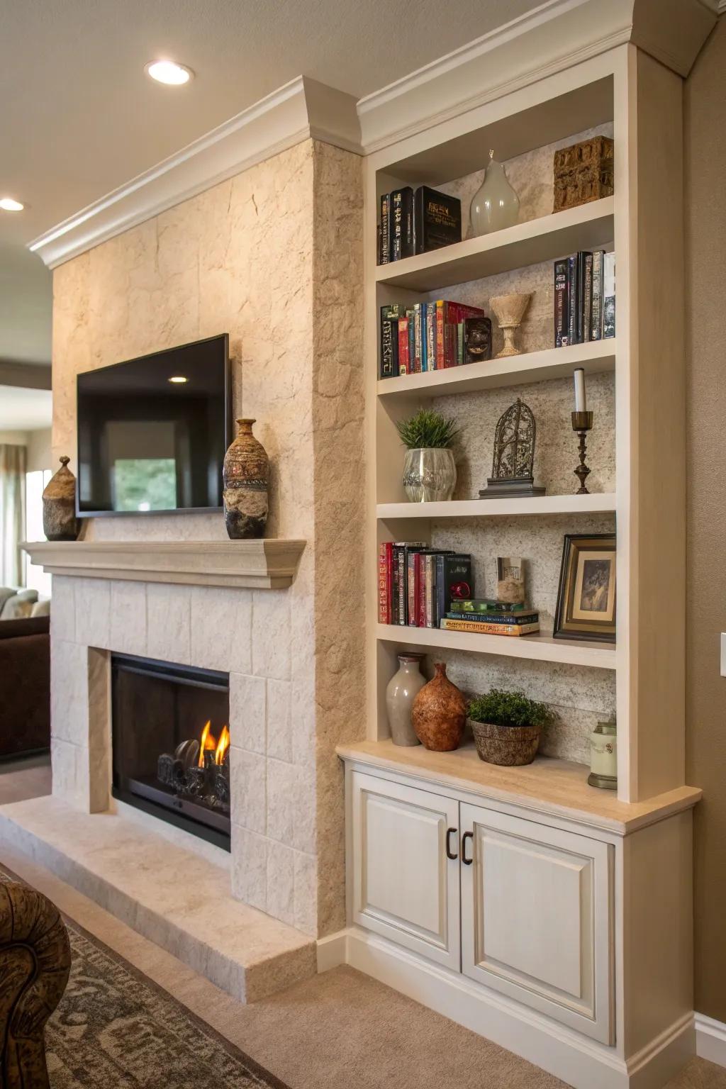 Built-in shelves around a stucco fireplace offer both style and storage.