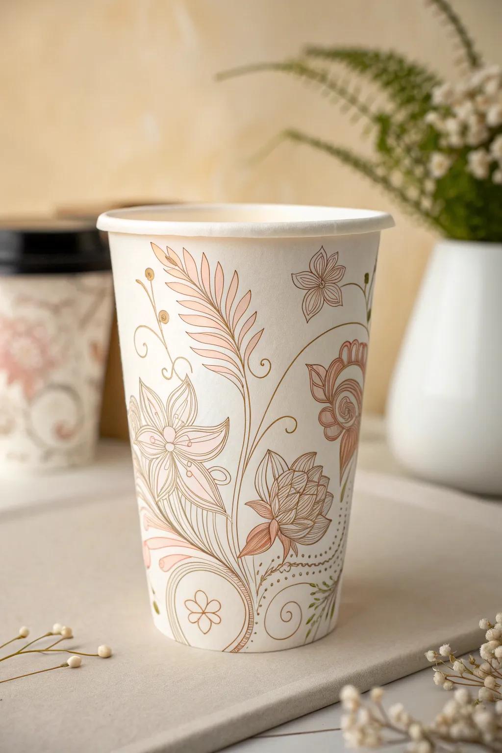 Transform a simple styrofoam cup into a masterpiece with delicate floral art, blending simplicity with elegance.