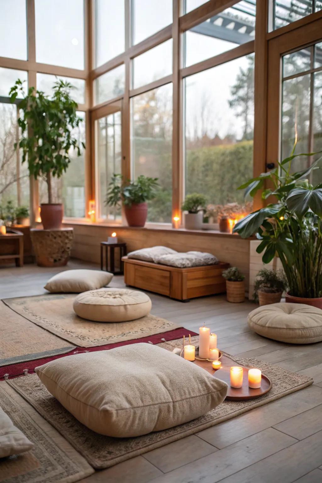 A peaceful meditation space in a sunroom designed for relaxation and tranquility.