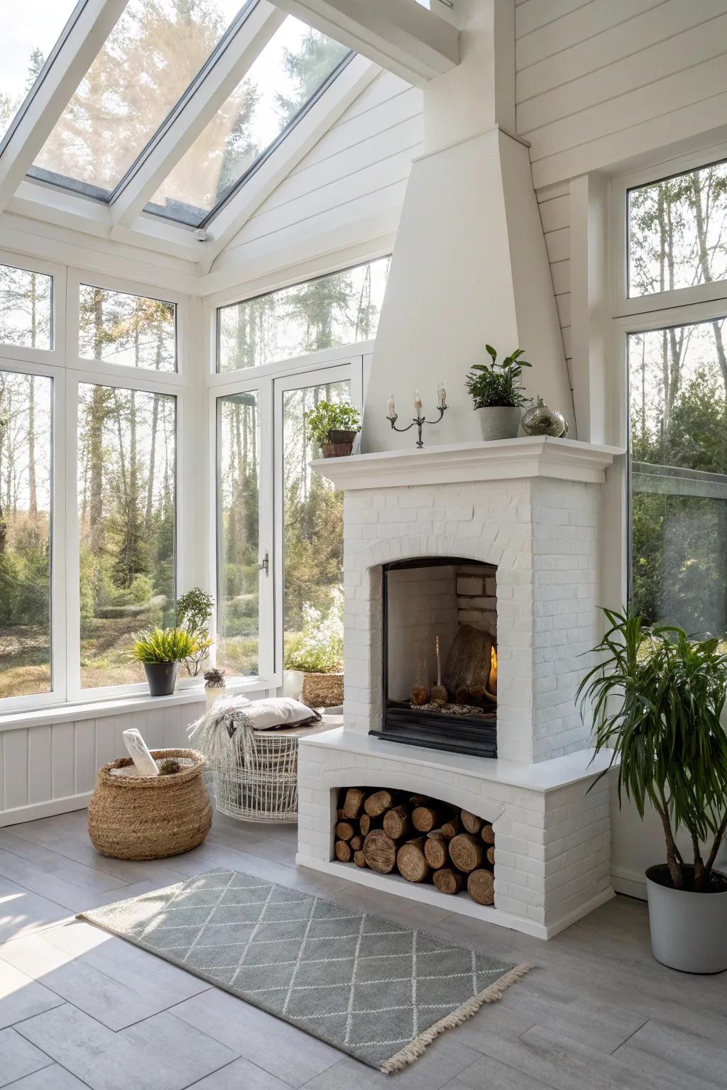 A Scandinavian white fireplace creating a serene and minimalistic ambiance in a sunroom.