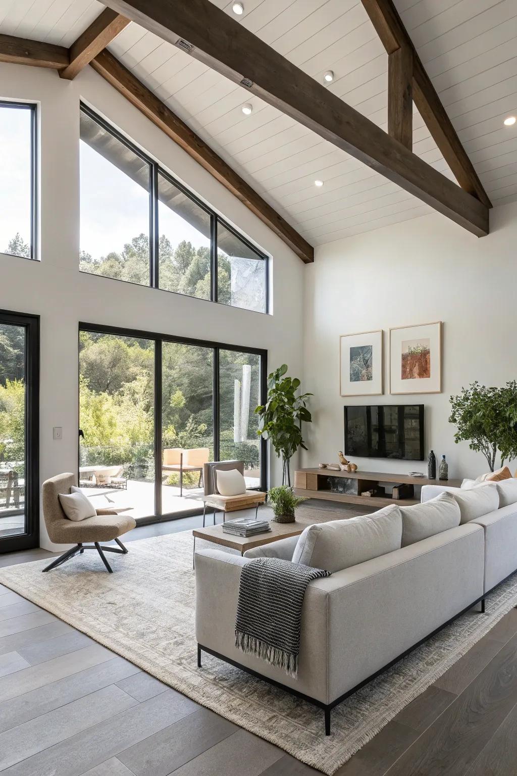 Modern living room featuring sleek beams and minimalist style.