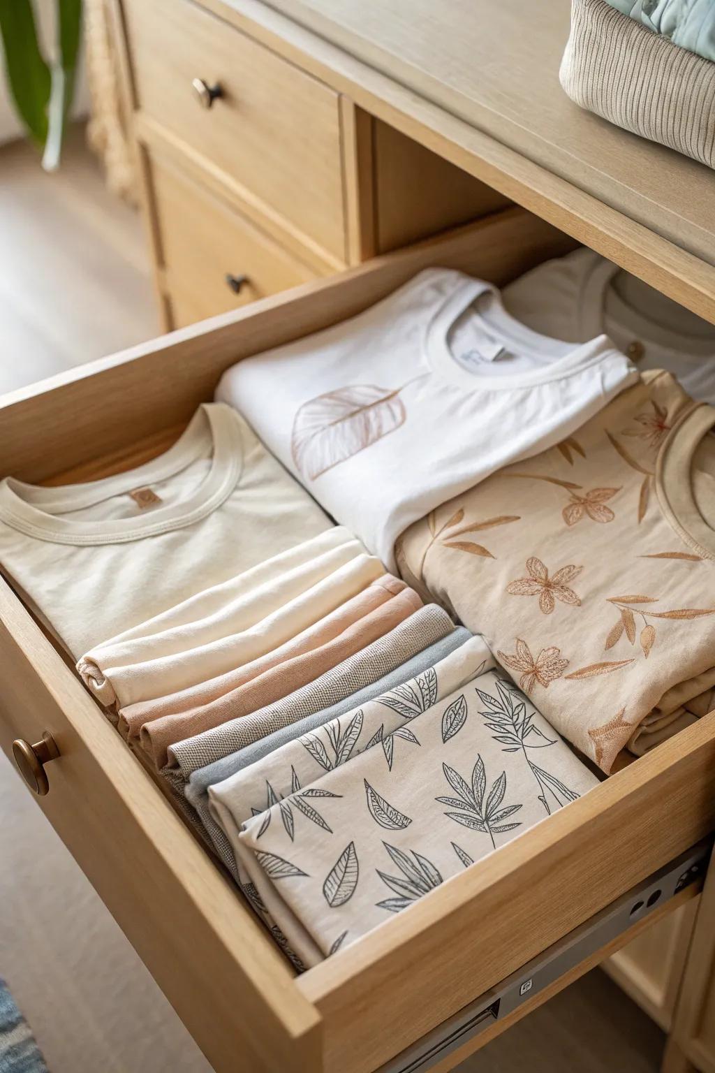 Discover the art of vertical folding for a beautifully organized drawer that combines minimalist elegance with a hint of Boho flair.