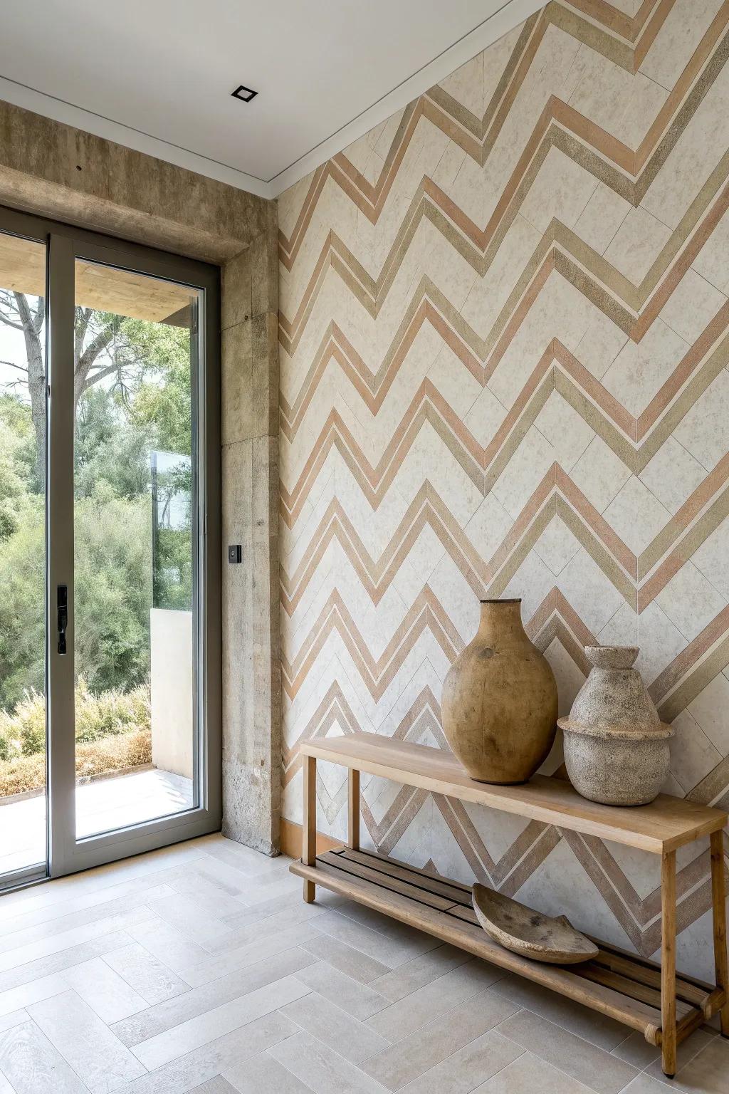 Transform your hallway into an art piece with a playful zigzag accent wall. Perfect for adding a touch of fun and elegance to your minimalist space.