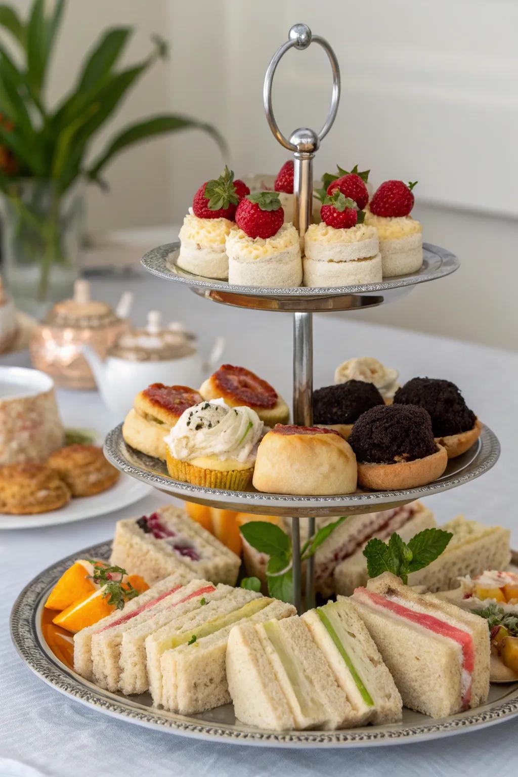 Tiered cake stands offer an elegant presentation for treats.