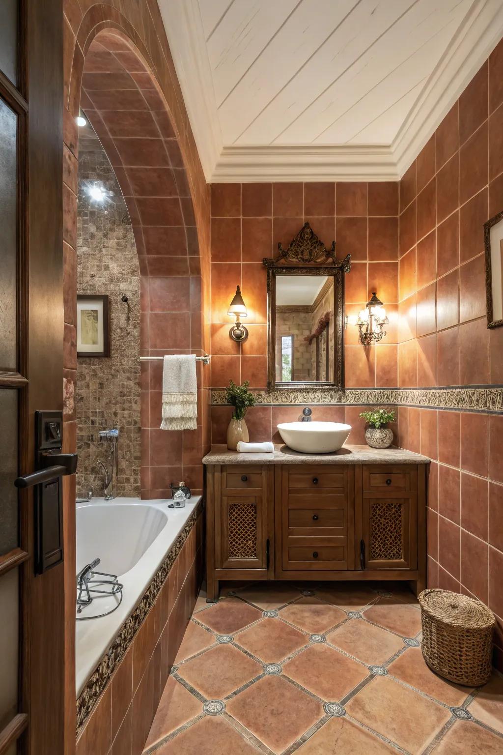 Half-height terra cotta tiles add warmth and texture to the bathroom.