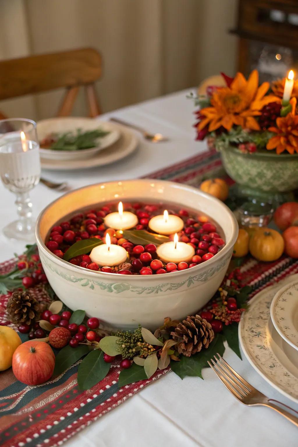 A vibrant centerpiece featuring berries and candles, bringing festive cheer to your Thanksgiving decor.