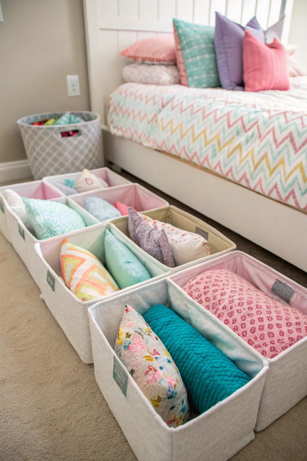 Under-bed storage bins neatly organizing throw pillows.