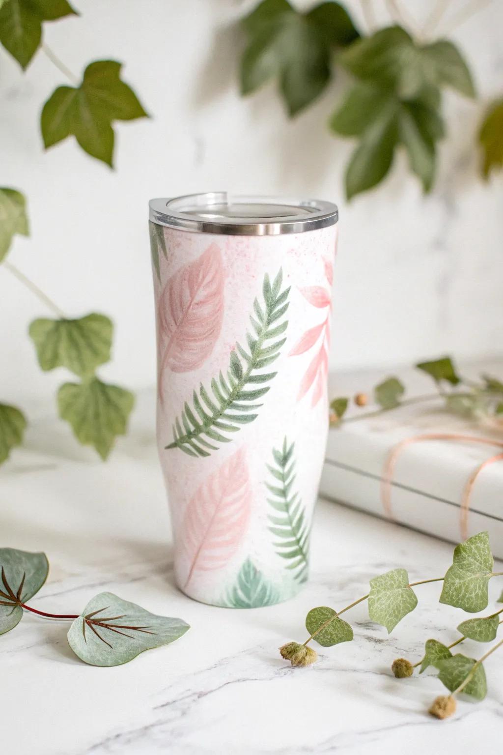 Embrace nature's elegance with this minimalist leaf-patterned tie-dye tumbler.
