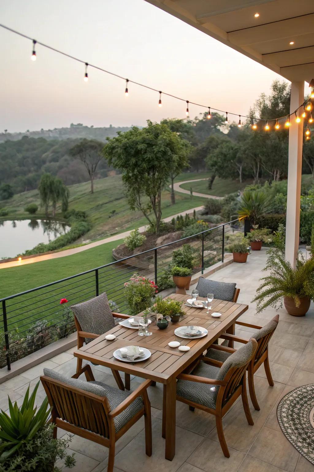 A dining area with a view elevates the outdoor dining experience.