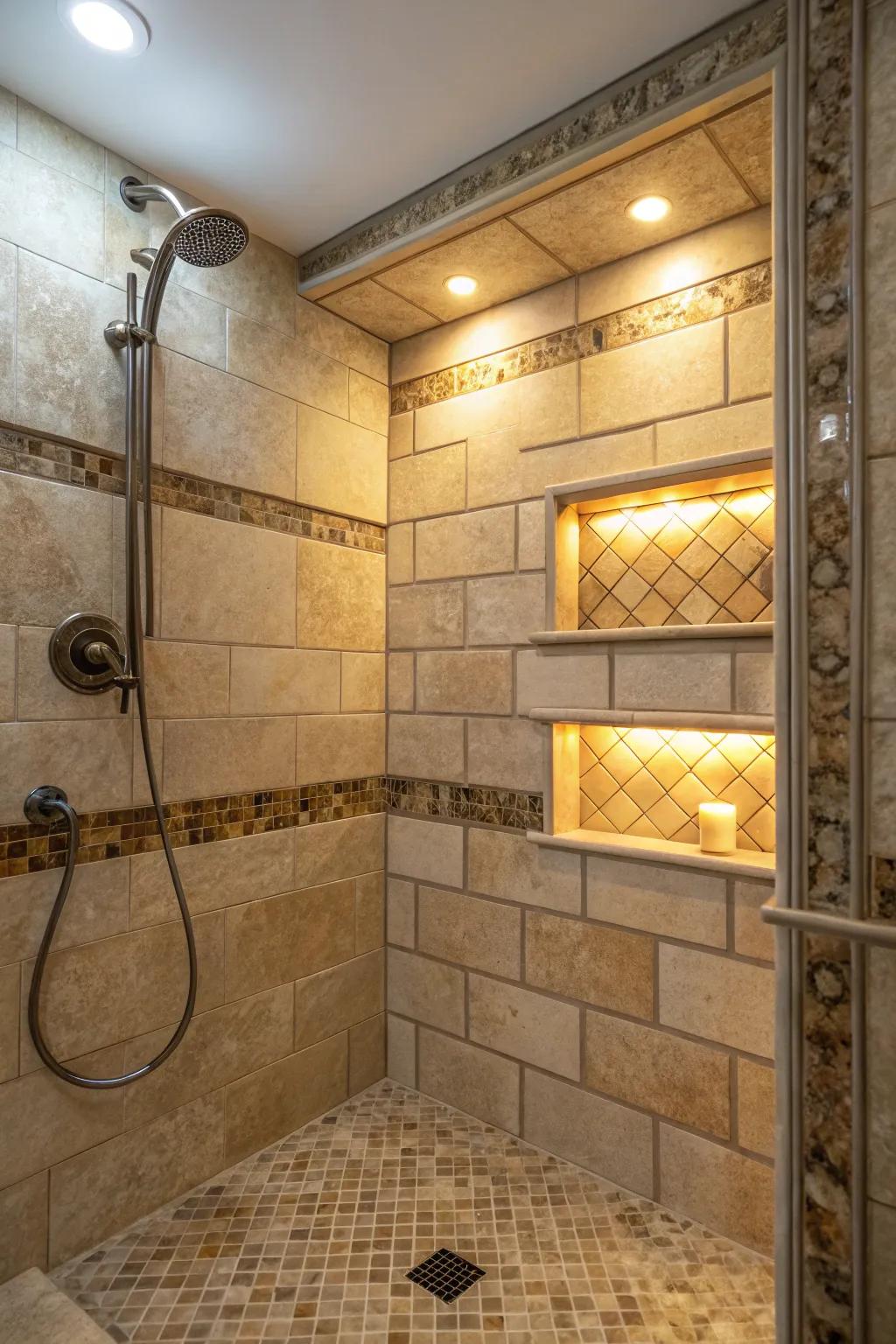 Illuminated niches create a luxurious atmosphere.