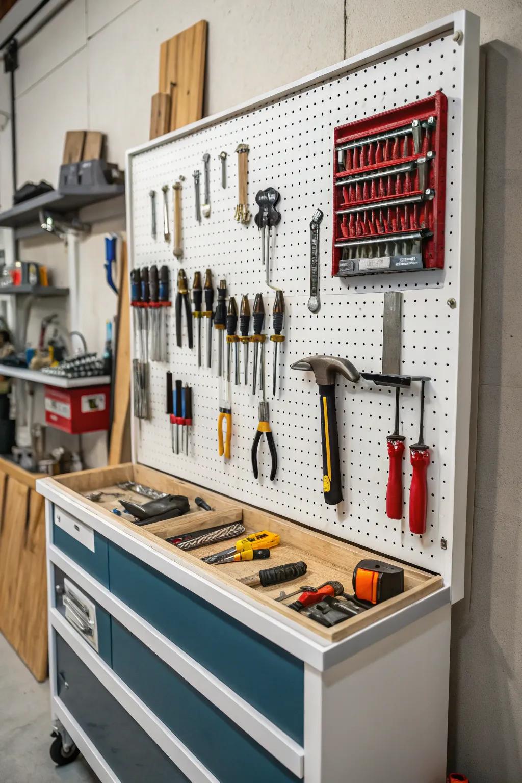 A pegboard full of hanging tools in a tool crib.